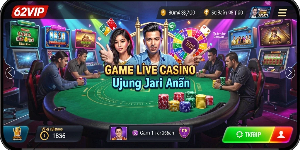 Tampilan gameplay Live Casino yang mendebarkan di 62VIP.