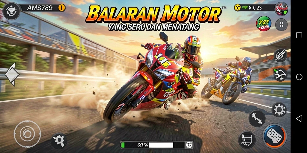 Screenshot menampilkan aksi balapan motor yang mendebarkan di AMS789.
