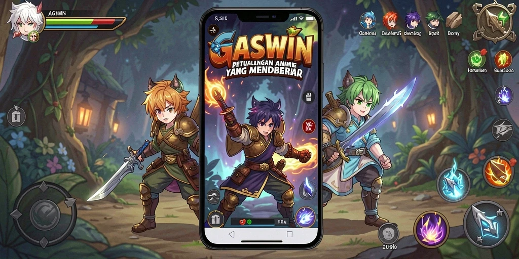 Tampilan gameplay GASWIN yang memukau dengan karakter anime menarik.