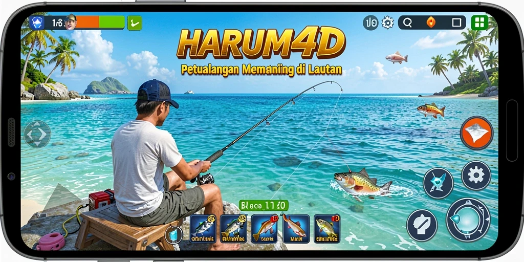 Gameplay HARUM4D dengan grafis memukau saat memancing.