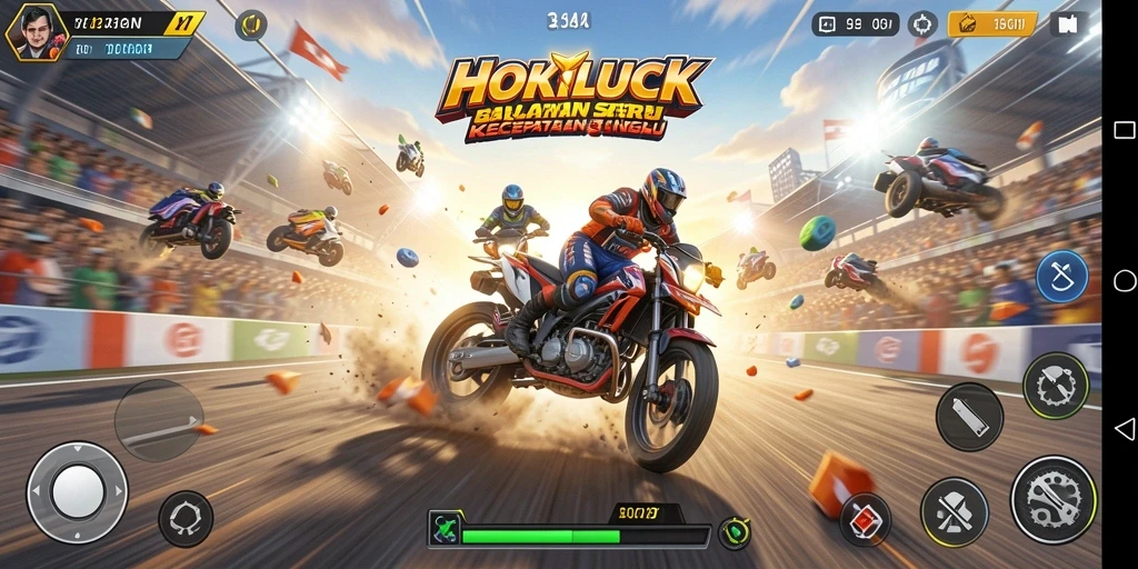 Screenshot HOKILUCK menunjukkan aksi balapan yang seru di trek menantang.