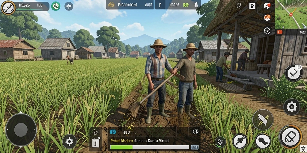 Tampilan gameplay <strong>MG525</strong> menampilkan ladang yang subur dan aktivitas bercocok tanam.