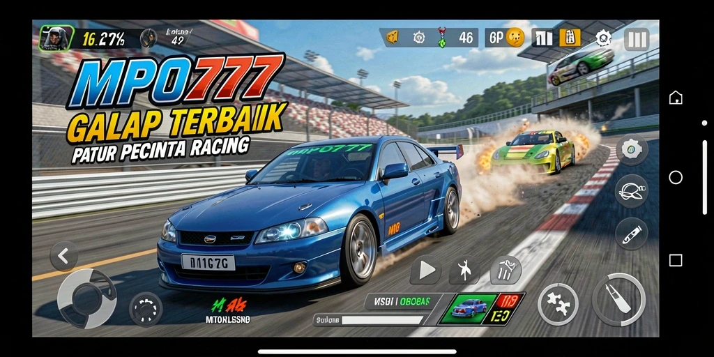 Screenshot gameplay MPO777 dengan mobil balap yang melaju kencang.