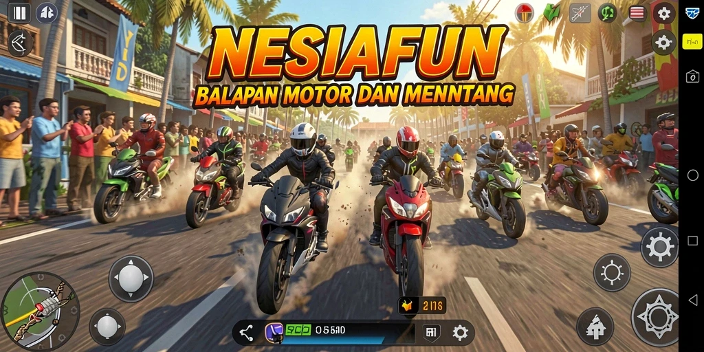 Screenshot gameplay NESIAFUN menampilkan aksi balapan motor yang mendebarkan.