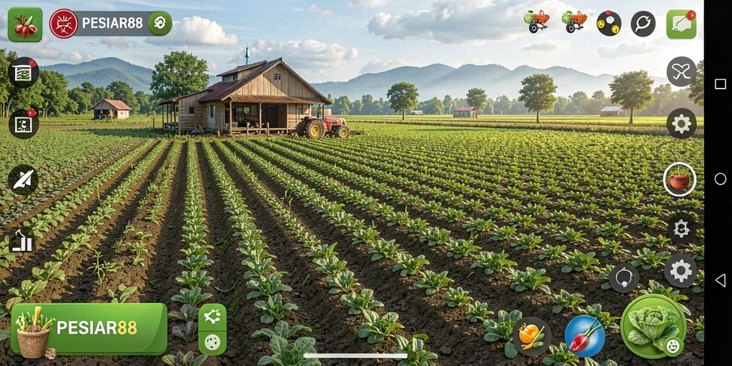 Screenshot utama PESIAR88 dengan tampilan gameplay pertanian.