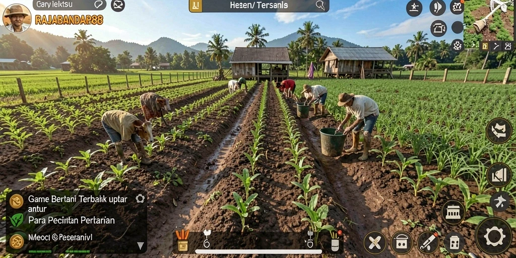 Screenshot utama RAJABANDAR88 menampilkan gameplay pertanian yang seru dan interaktif.
